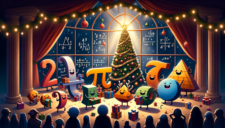 DALLE 2023 12 22 16.42.11 Create a horizontal rectangular illustration titled A Mathematical Christmas Carol. The scene depicts a festive Christmas setting in the Land of Nu