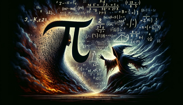 DALLE 2023 12 22 16.43.37 Create a horizontal rectangular illustration where the Number Pi represented as an enigmatic character composed of an infinite sequence of digits is